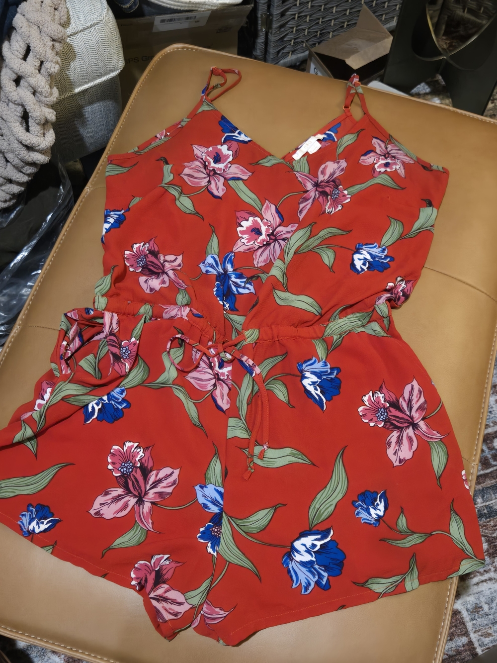 C&C Red Floral Tie Waist Spaghetti Strap Romper | L